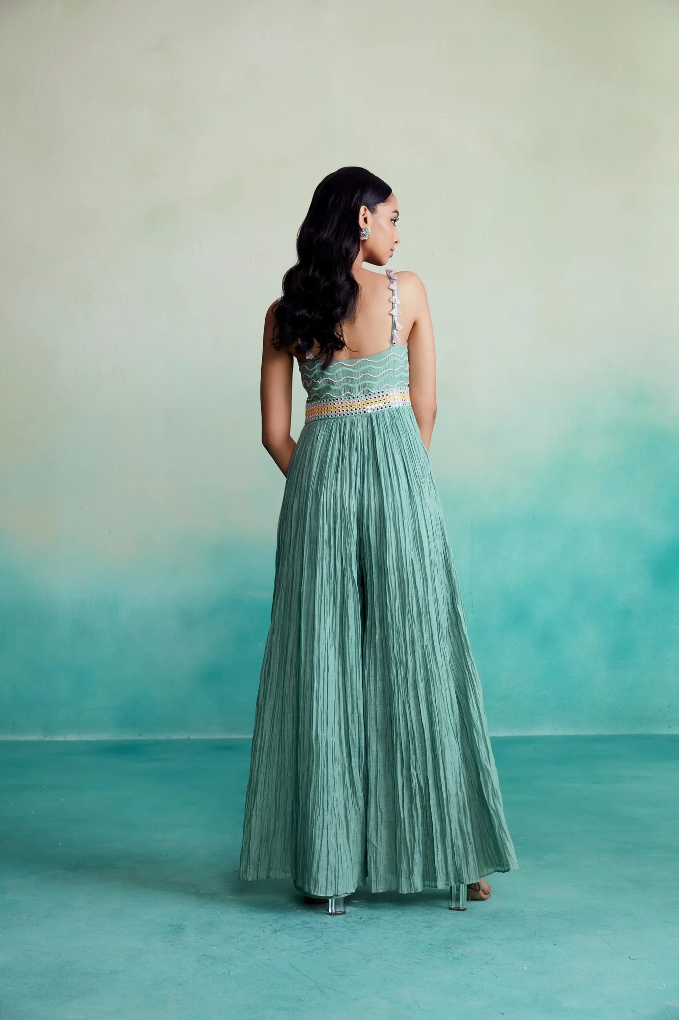 Mint Hand embroidered Mirror work Jumpsuit