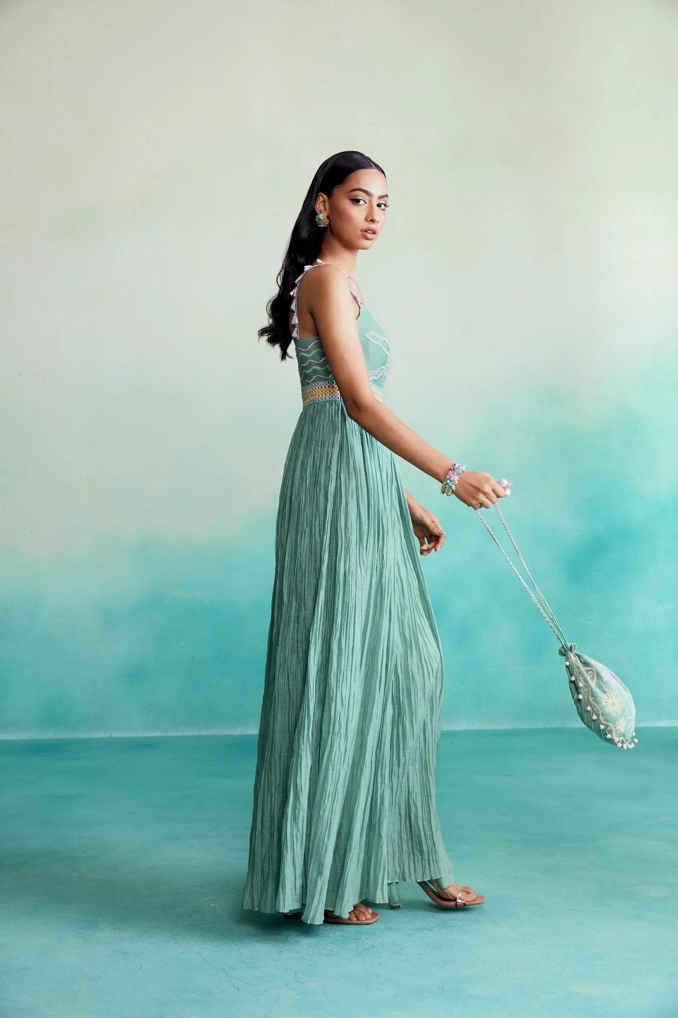 Mint Hand embroidered Mirror work Jumpsuit