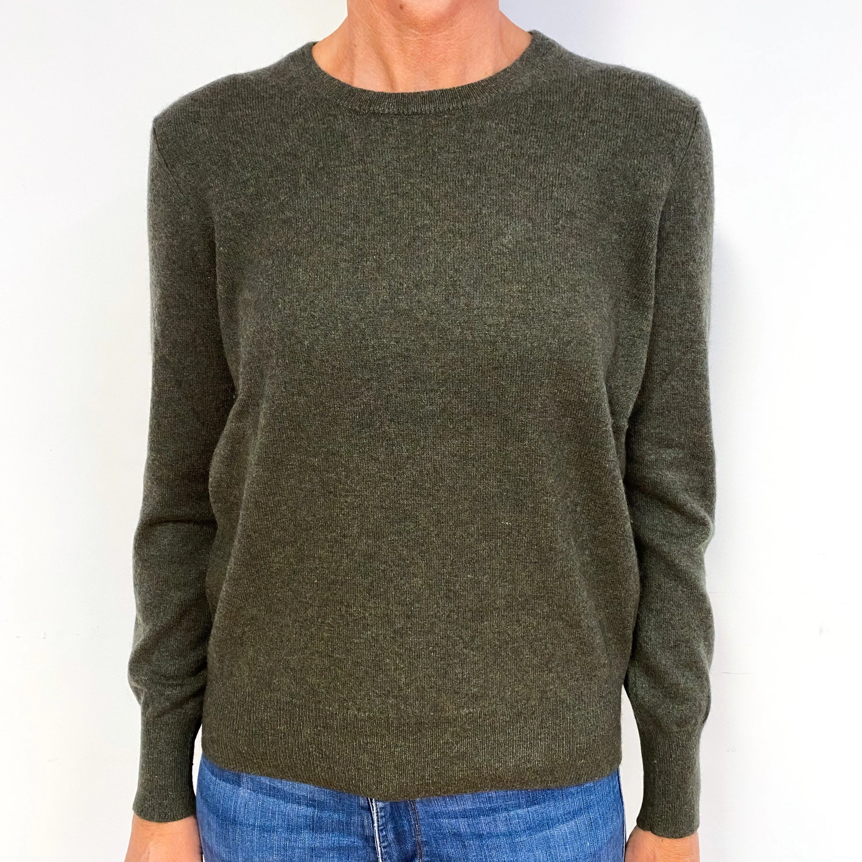 Moss Green Marl Knit Cashmere Crew Neck Jumper Medium