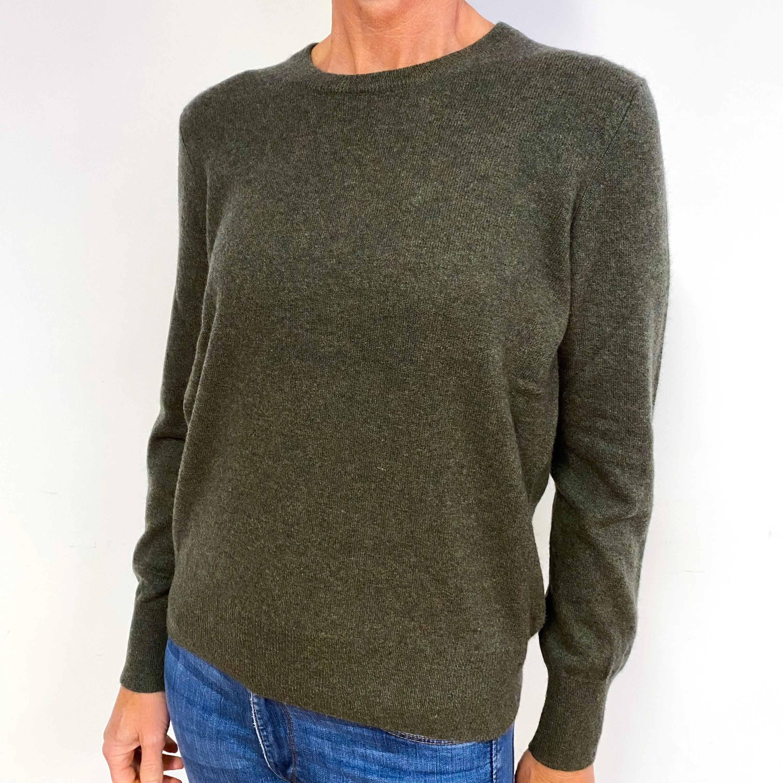 Moss Green Marl Knit Cashmere Crew Neck Jumper Medium