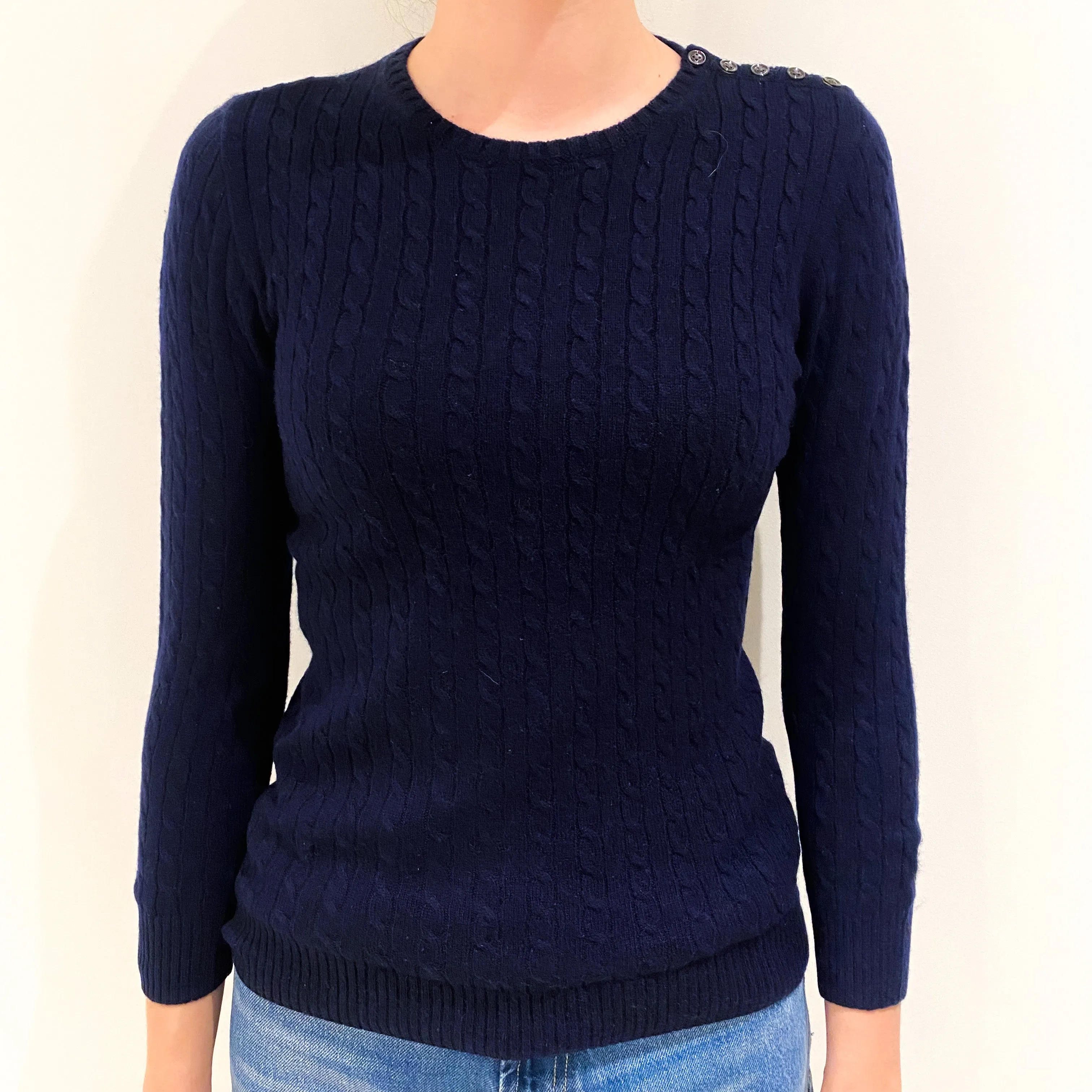 Navy Blue Cable Knit Cashmere Crew Neck Jumper Extra Small