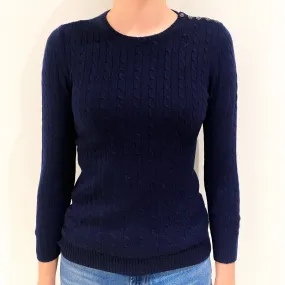 Navy Blue Cable Knit Cashmere Crew Neck Jumper Extra Small