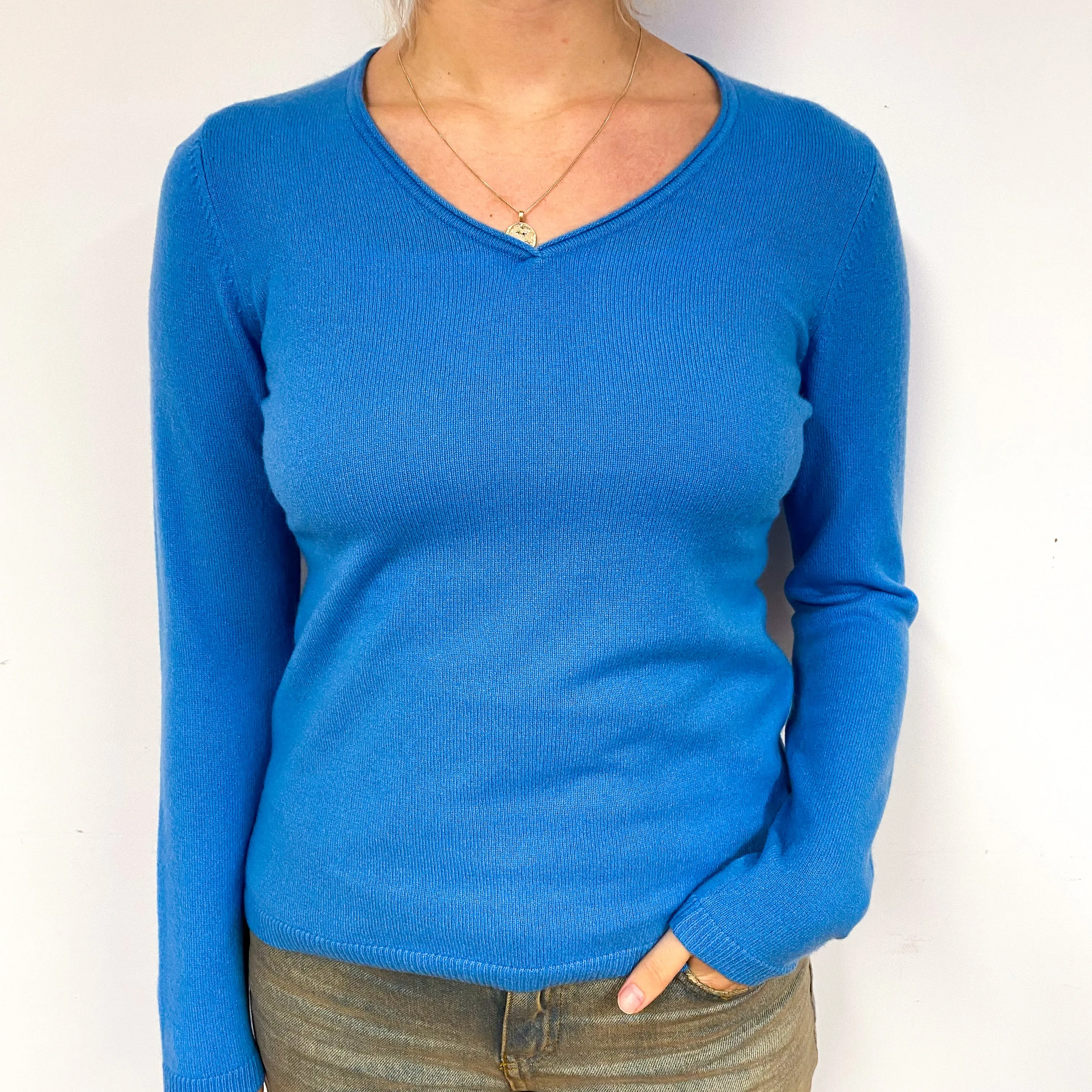 New Cornflower Blue Cashmere V-Neck Jumper Small