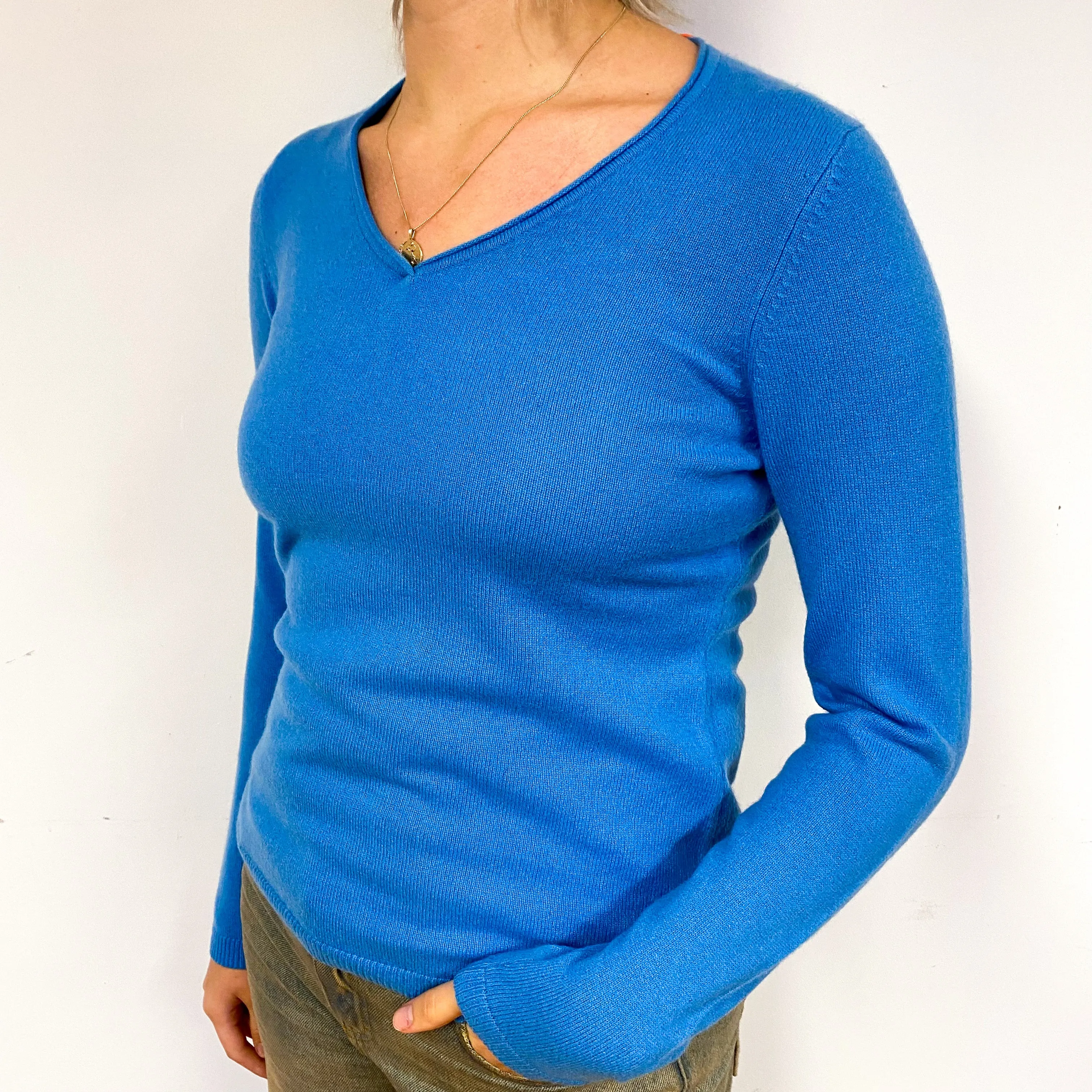 New Cornflower Blue Cashmere V-Neck Jumper Small