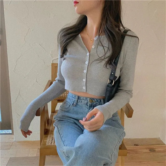 OMG! SUPER COOL, O-neck Short Knitted Sweater/CROP TOP Cardigan