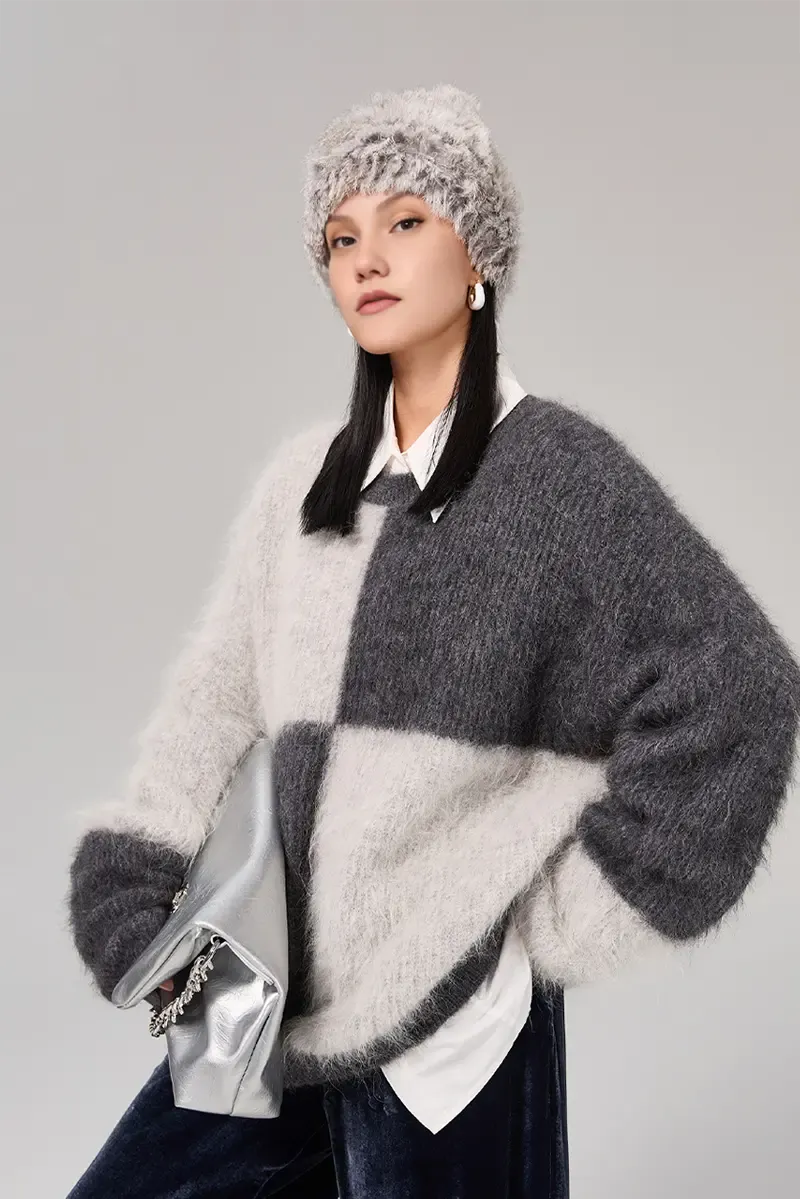 Oversized Color-Block Alpaca Crewneck Sweater