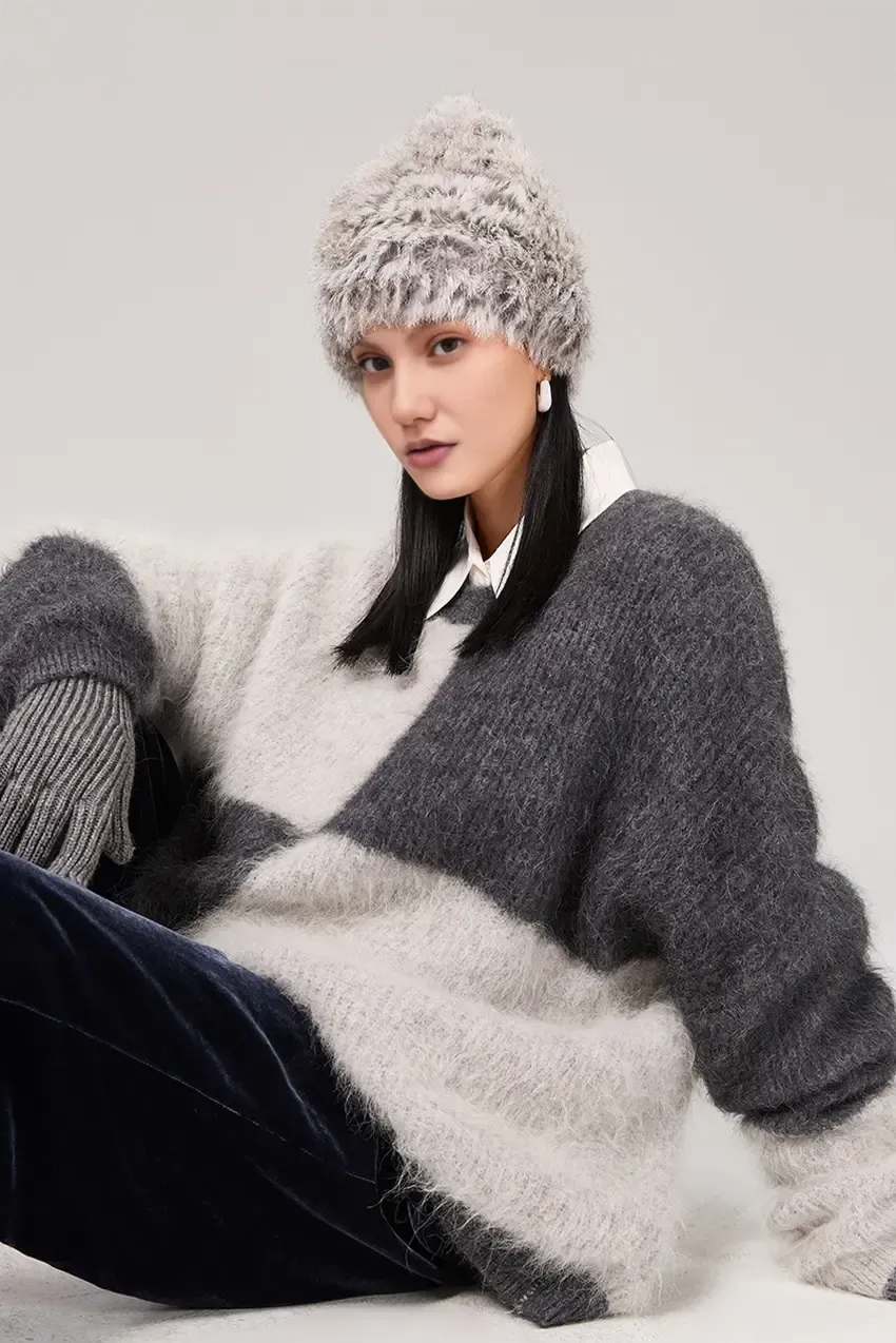 Oversized Color-Block Alpaca Crewneck Sweater