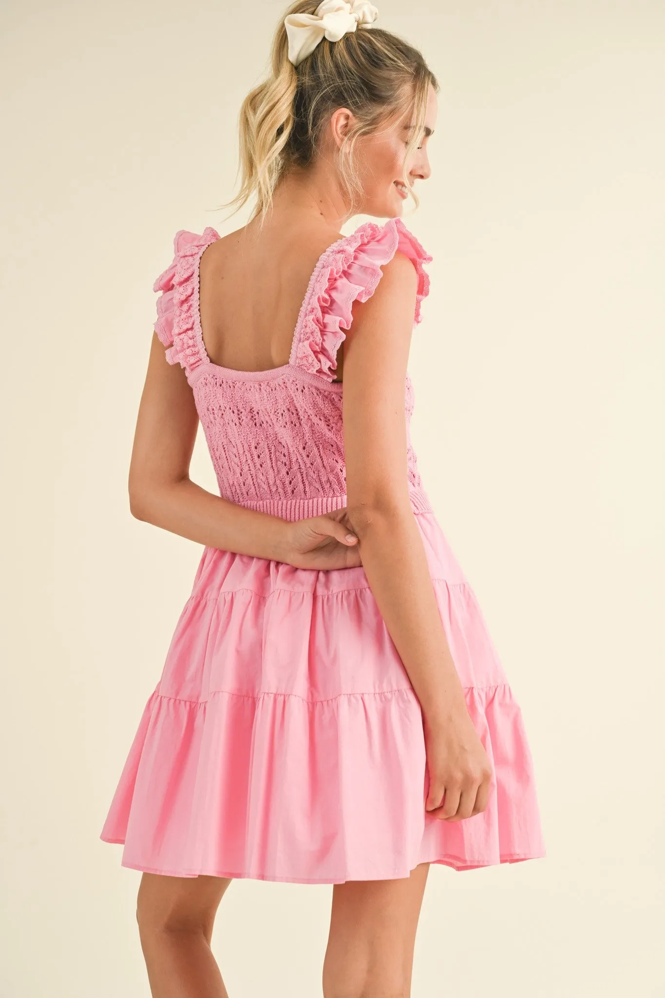 Pink Shoulder Ruffle Pointelle Mini Dress