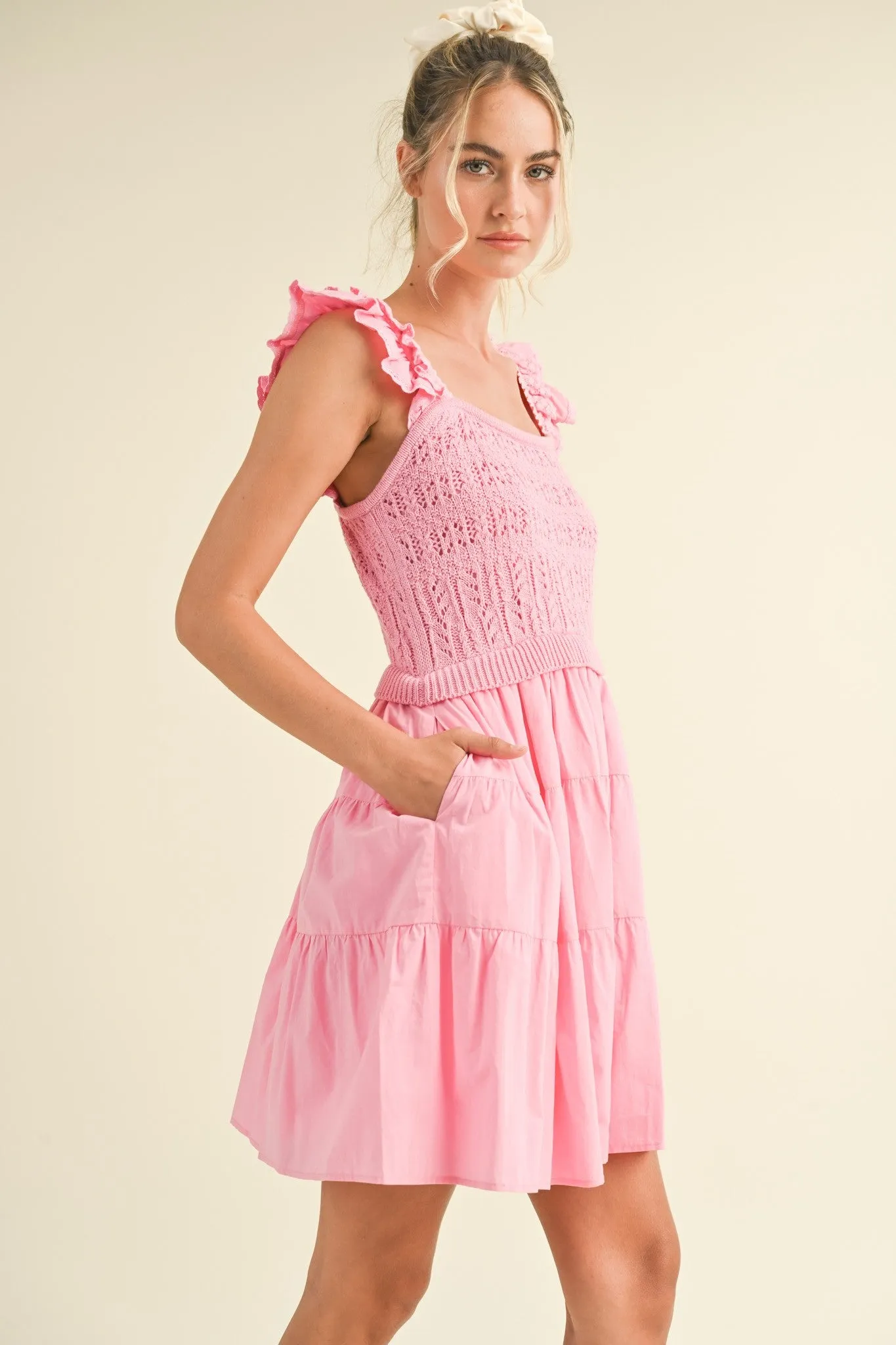 Pink Shoulder Ruffle Pointelle Mini Dress