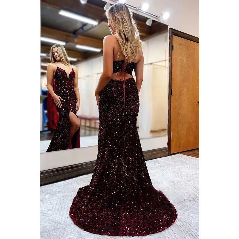 Plunging V-neck Sequins Spakly Prom Dress with Slit