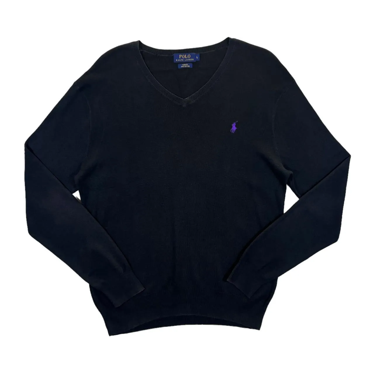POLO RALPH LAUREN Slim Fit Pima Cotton Embroidered Mini Logo Black V-Neck Sweater Jumper