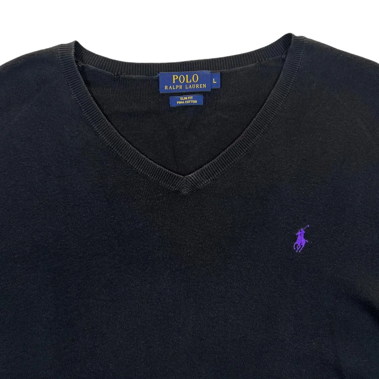 POLO RALPH LAUREN Slim Fit Pima Cotton Embroidered Mini Logo Black V-Neck Sweater Jumper