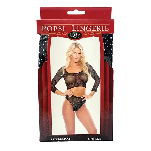 Popsi Lingerie - Rhinestone Crop Top with High Waist Panty Costume O/S (Black)