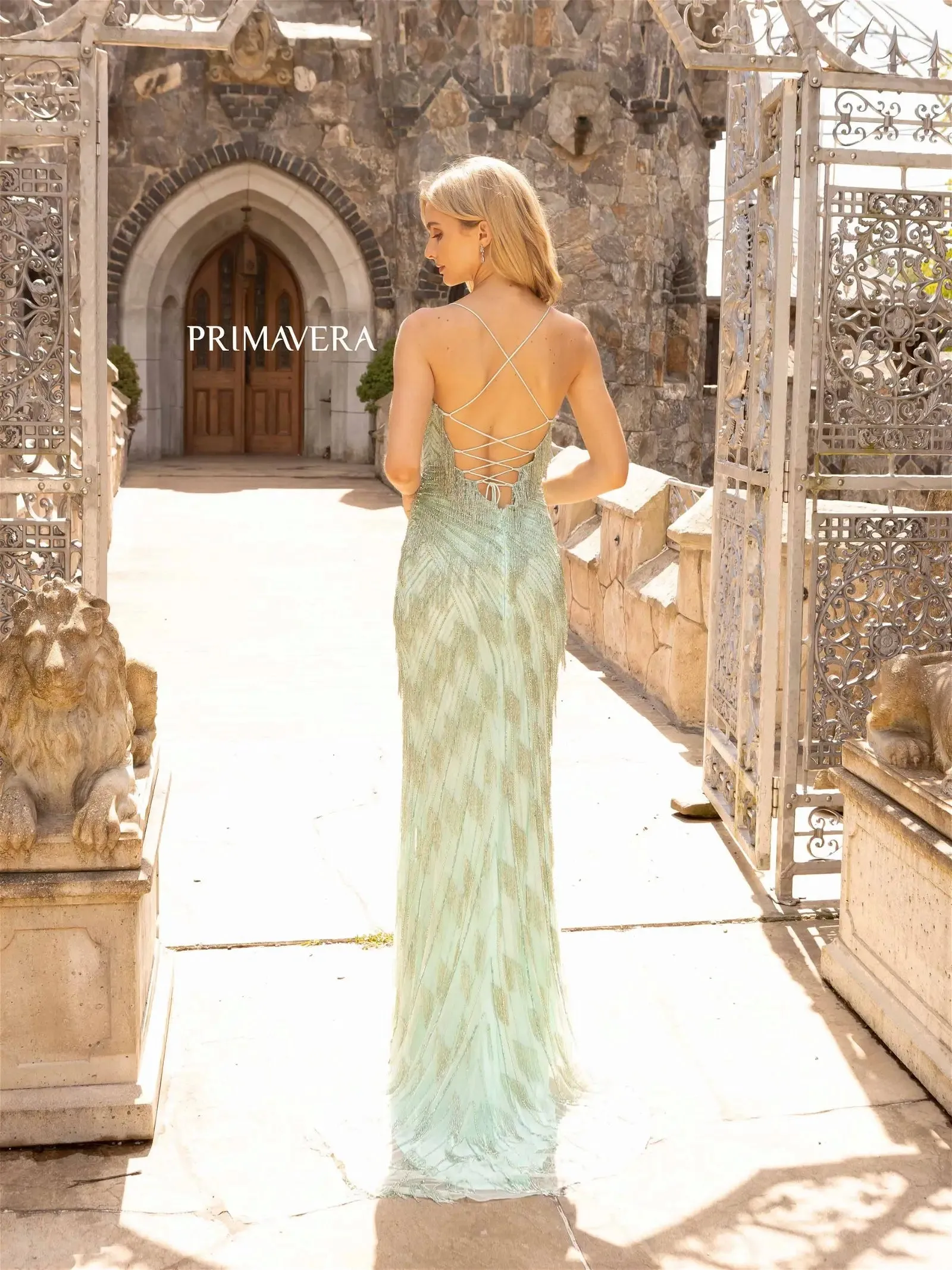 Primavera Couture 3925 Long Beaded Fringe Fitted Maxi Slit Prom Dress Backless Corset Gown