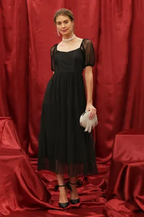 PUFF SLEEVE CORSET TIERED ORGANZA MIDI DRESS