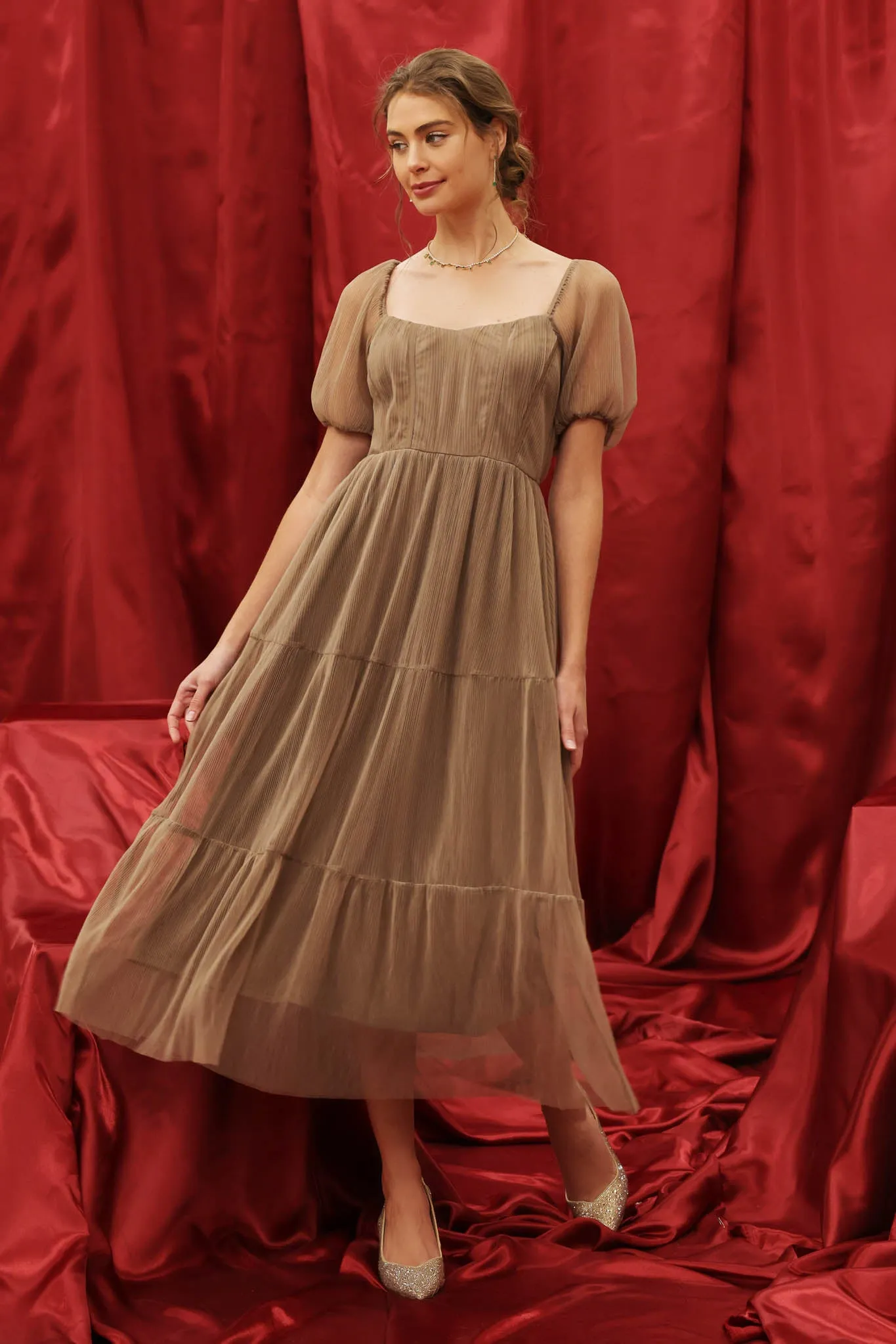 PUFF SLEEVE CORSET TIERED ORGANZA MIDI DRESS