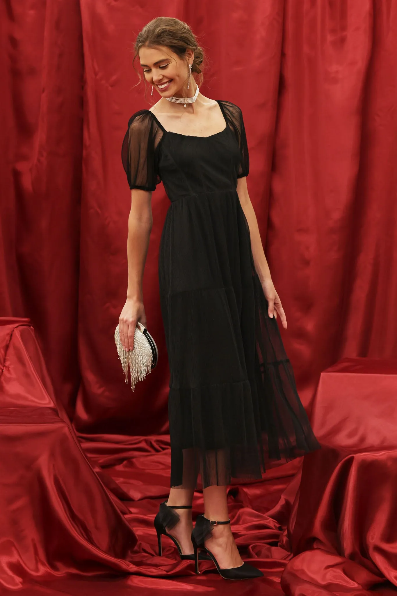 PUFF SLEEVE CORSET TIERED ORGANZA MIDI DRESS