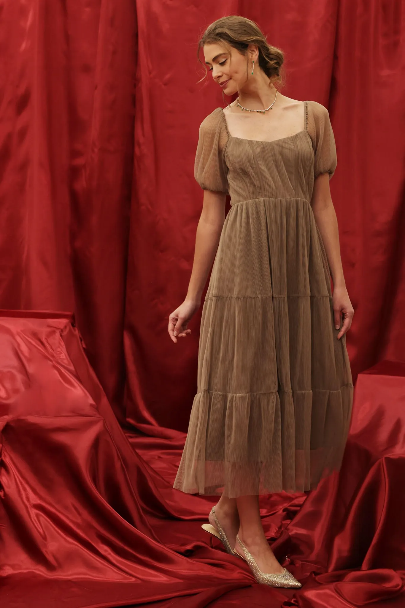 PUFF SLEEVE CORSET TIERED ORGANZA MIDI DRESS