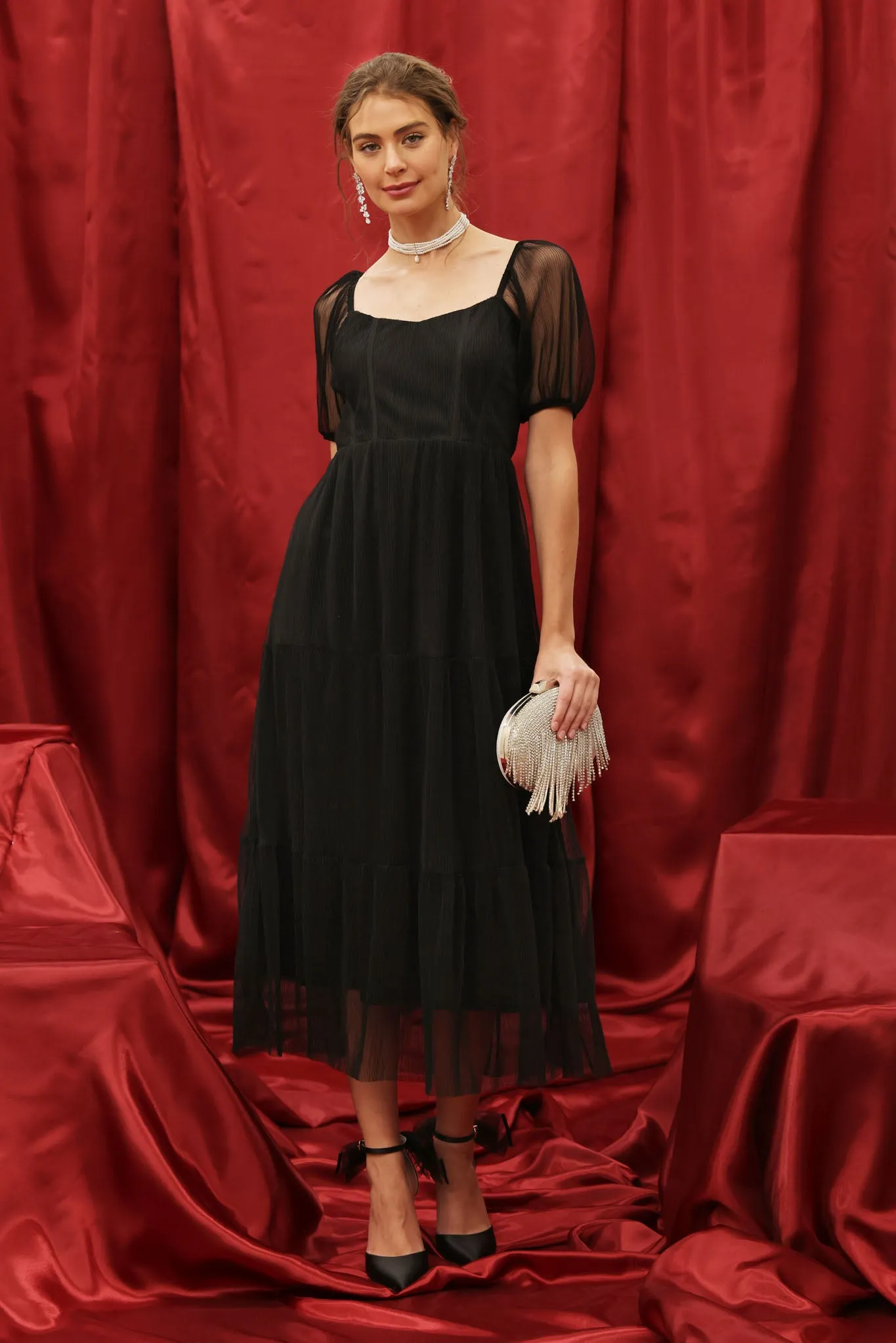 PUFF SLEEVE CORSET TIERED ORGANZA MIDI DRESS