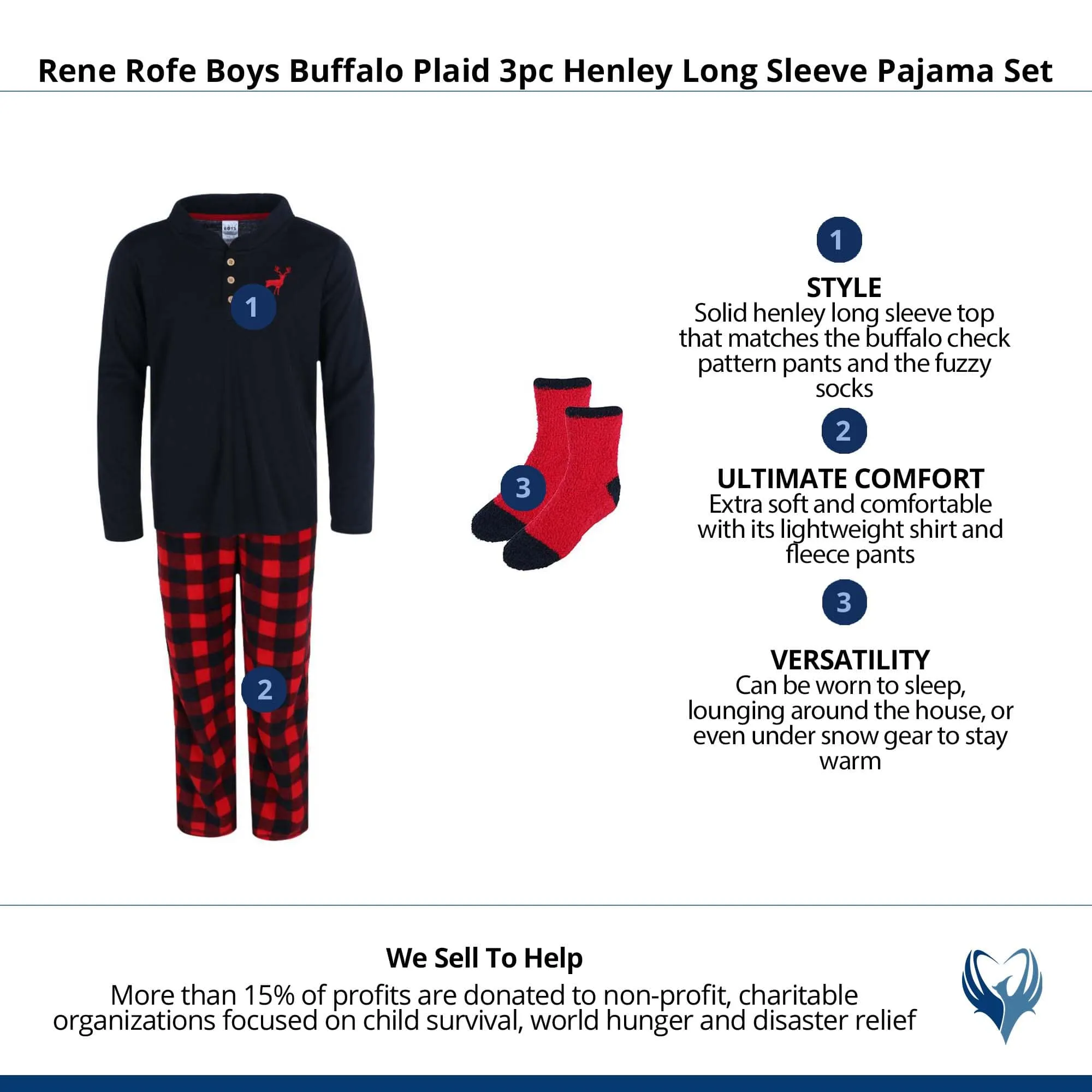 Rene Rofe Boys Buffalo Plaid 3pc Henley Long Sleeve Pajama Set