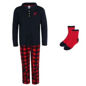 Rene Rofe Boys Buffalo Plaid 3pc Henley Long Sleeve Pajama Set
