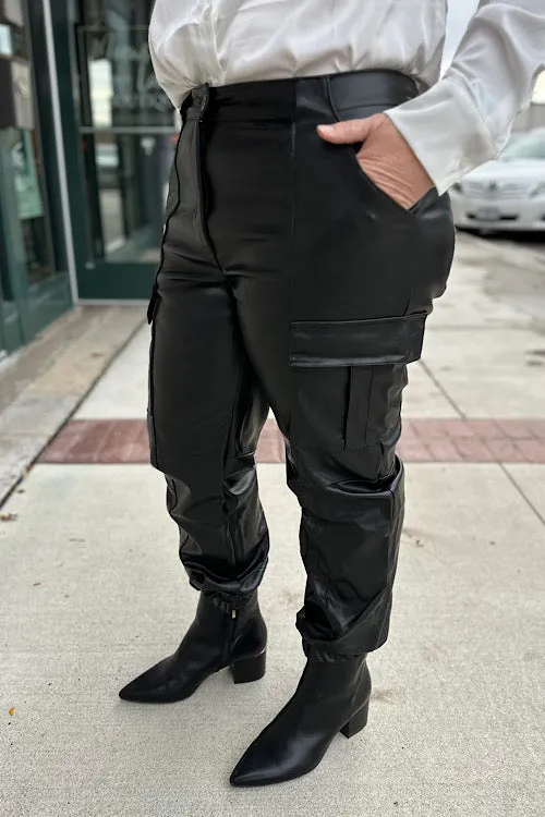 Reveca - Leather Cargo Joggers - Black