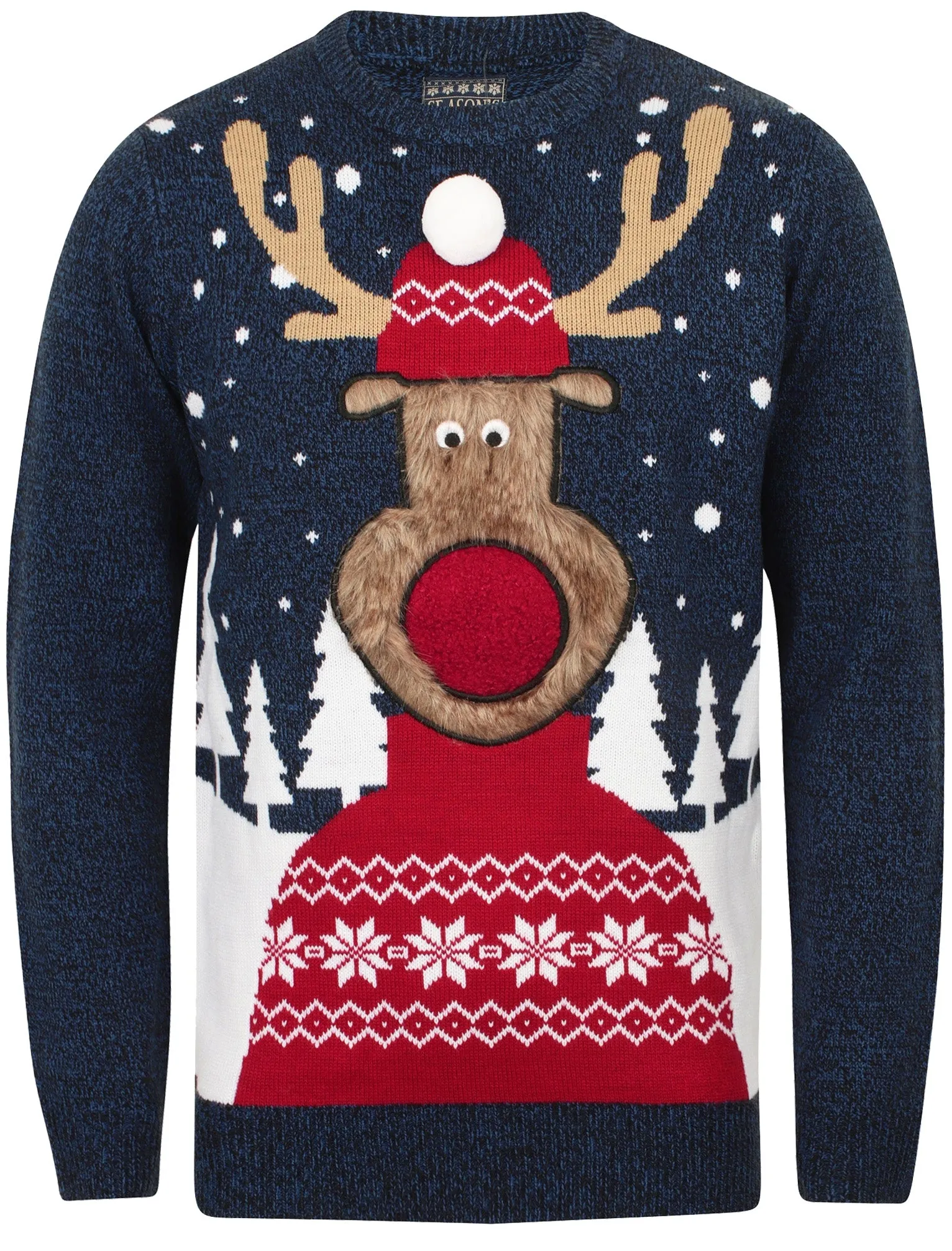 Rudolph Pom Pom Novelty Christmas Jumper in Black / Sapphire - Season’s Greetings