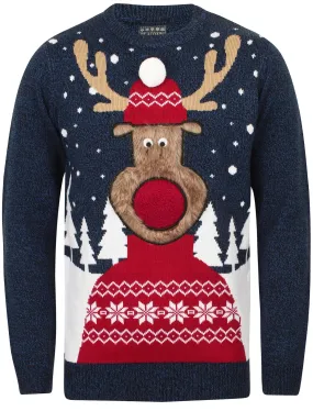 Rudolph Pom Pom Novelty Christmas Jumper in Black / Sapphire - Season’s Greetings