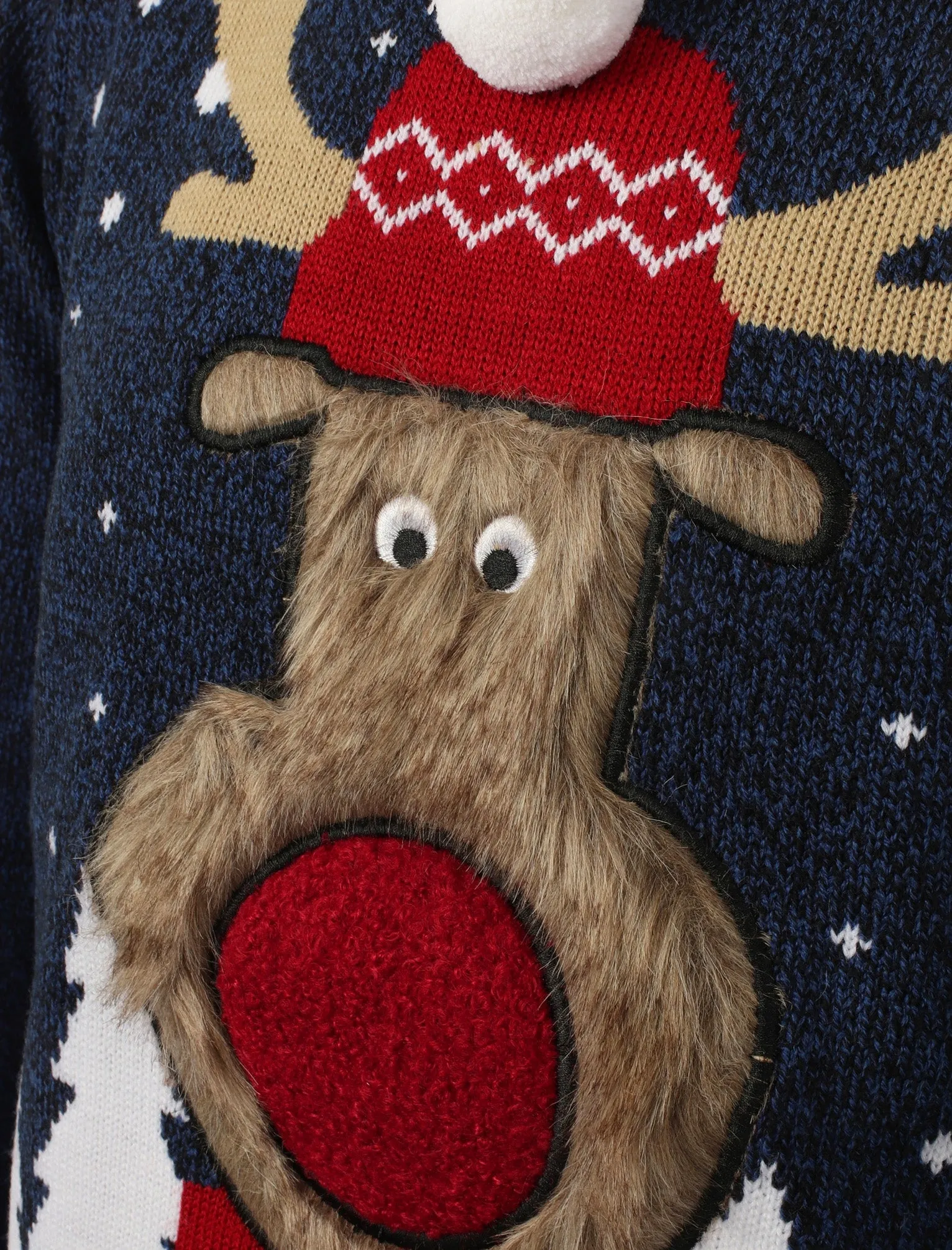 Rudolph Pom Pom Novelty Christmas Jumper in Black / Sapphire - Season’s Greetings