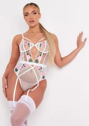Sana White Floral Cut Out Mesh Suspender Bodysuit