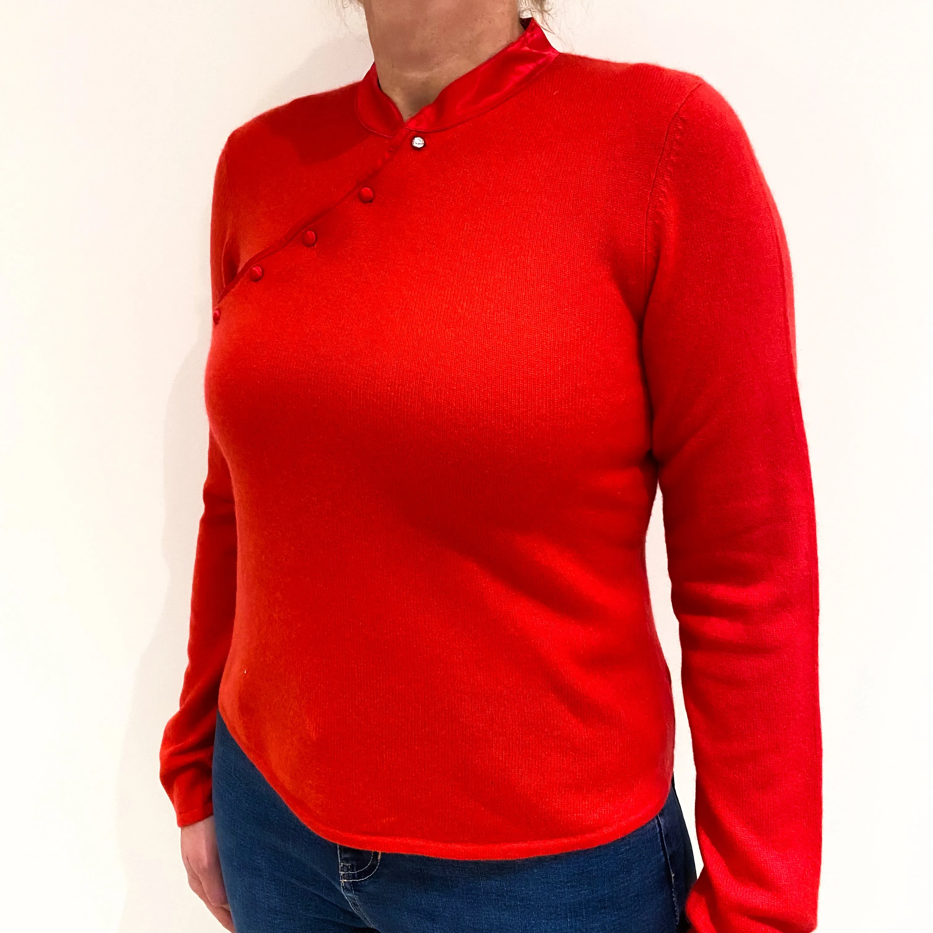 Scarlet Red Cashmere Mandarin Style Collar Jumper Large