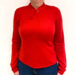 Scarlet Red Cashmere Mandarin Style Collar Jumper Large