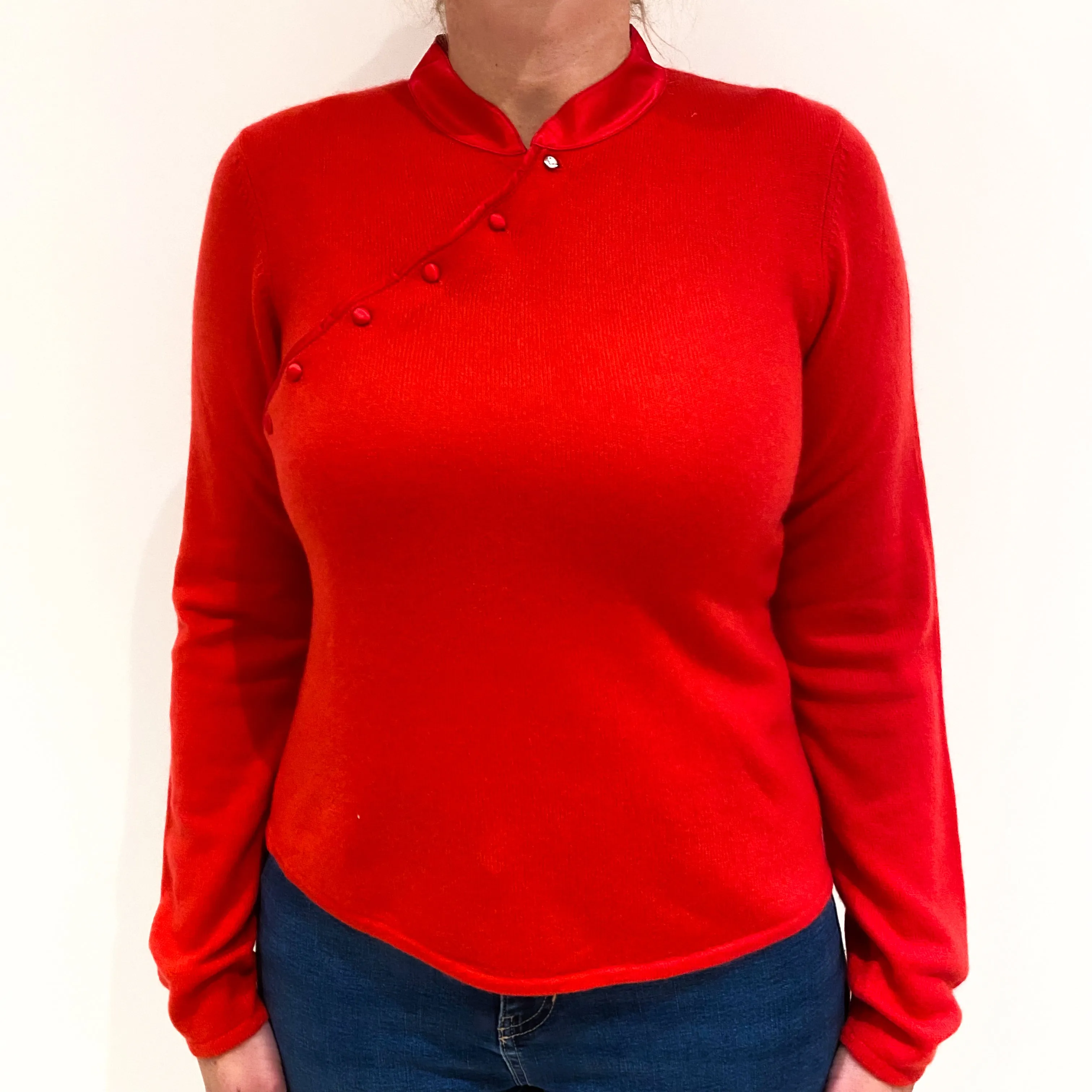 Scarlet Red Cashmere Mandarin Style Collar Jumper Large