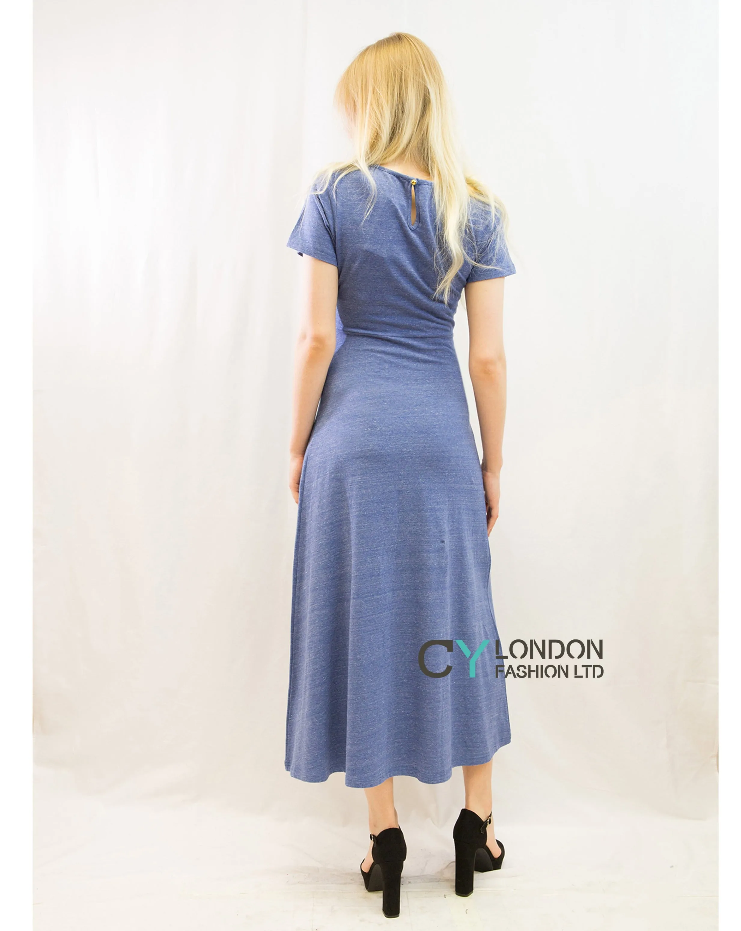 Scoop Neck Short Sleeves Cotton Maxi Dress