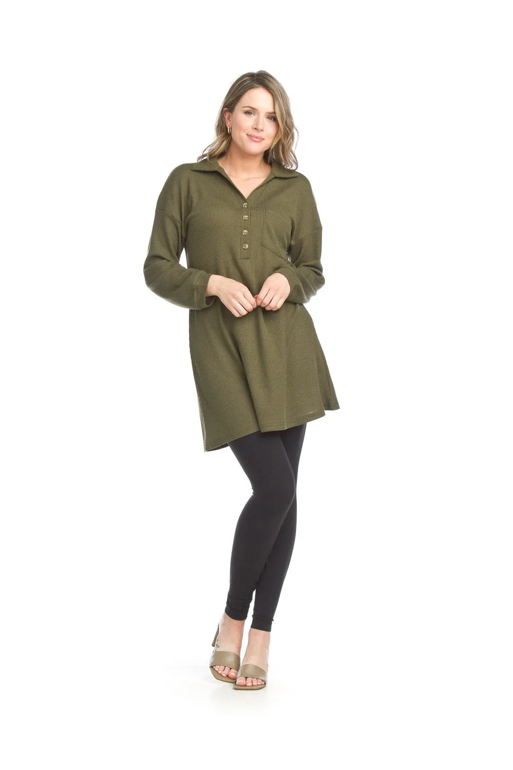SD15405 KHAKI COLLARED BUTTON UP WAFFLE KNIT SWEATER DRESS
