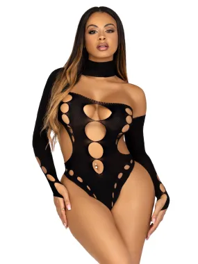 Seamless Asymmetrical Cut Out Thong Back Bodysuit  - One Size - Black