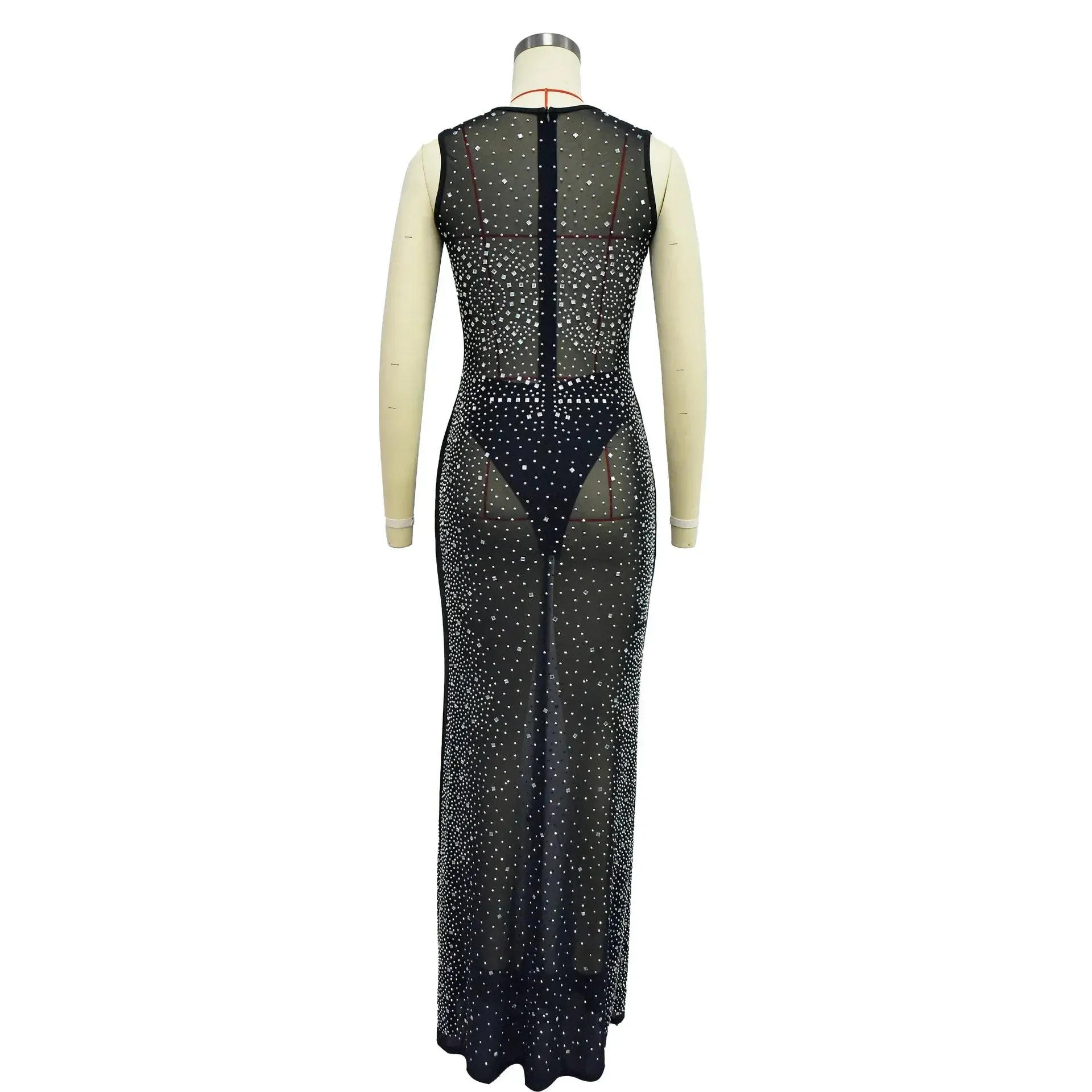 Sexy Backless Women’s Party Dress – Long Mesh Maxi, Hot Drilling, Sleeveless V-Neck, High Waist Slim Fit for Night & Prom