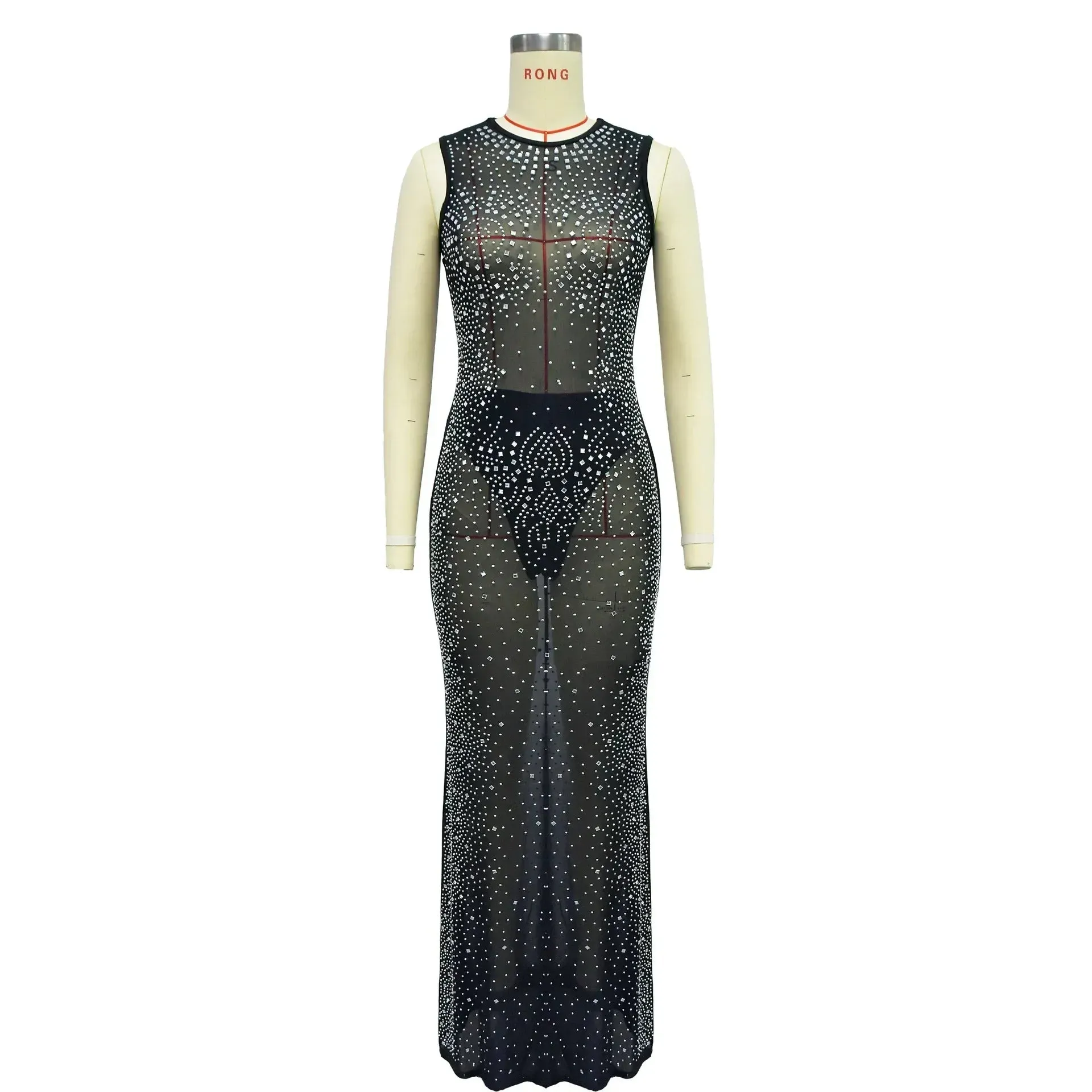 Sexy Backless Women’s Party Dress – Long Mesh Maxi, Hot Drilling, Sleeveless V-Neck, High Waist Slim Fit for Night & Prom