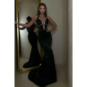 Sexy Deep V Neck Beads Mermaid Black Long Prom Party Dress