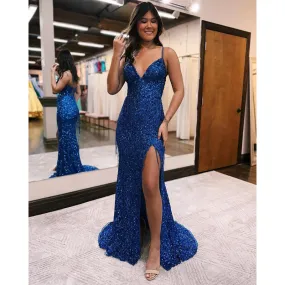 Sexy V-neck Sequins Beas Sparkly Prom Dress with Slit