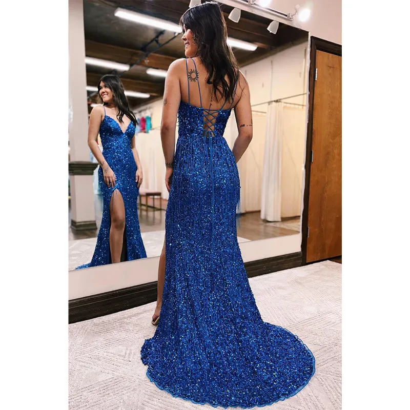 Sexy V-neck Sequins Beas Sparkly Prom Dress with Slit