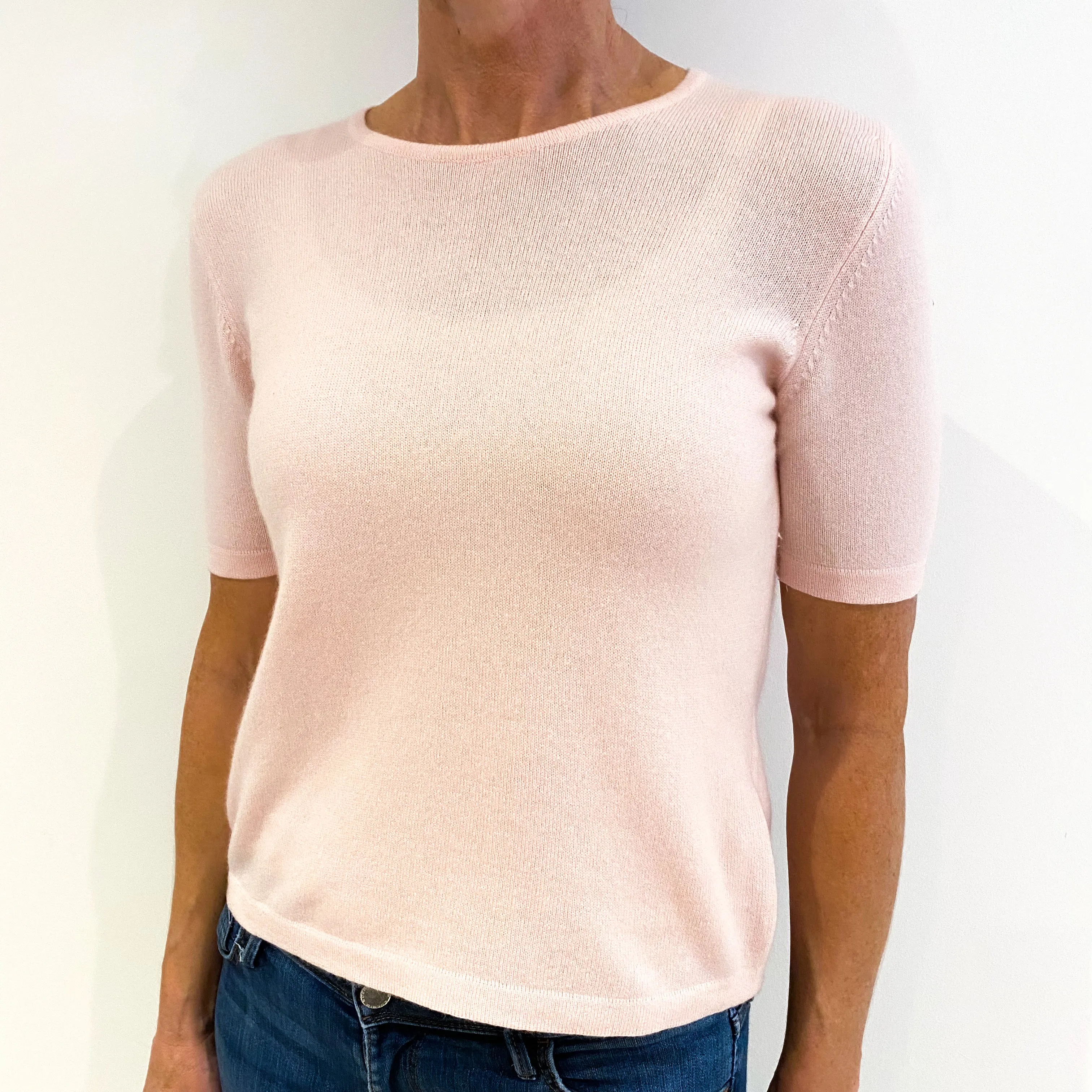 Shell Pink Short Sleeved Cashmere Crew Neck Jumper Small