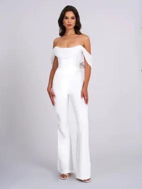SHERLYN WHITE OFF SHOULDER FLARED JUMPSUIT