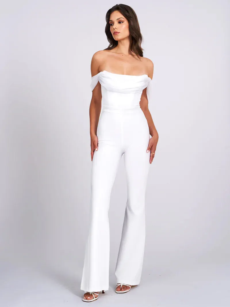 SHERLYN WHITE OFF SHOULDER FLARED JUMPSUIT