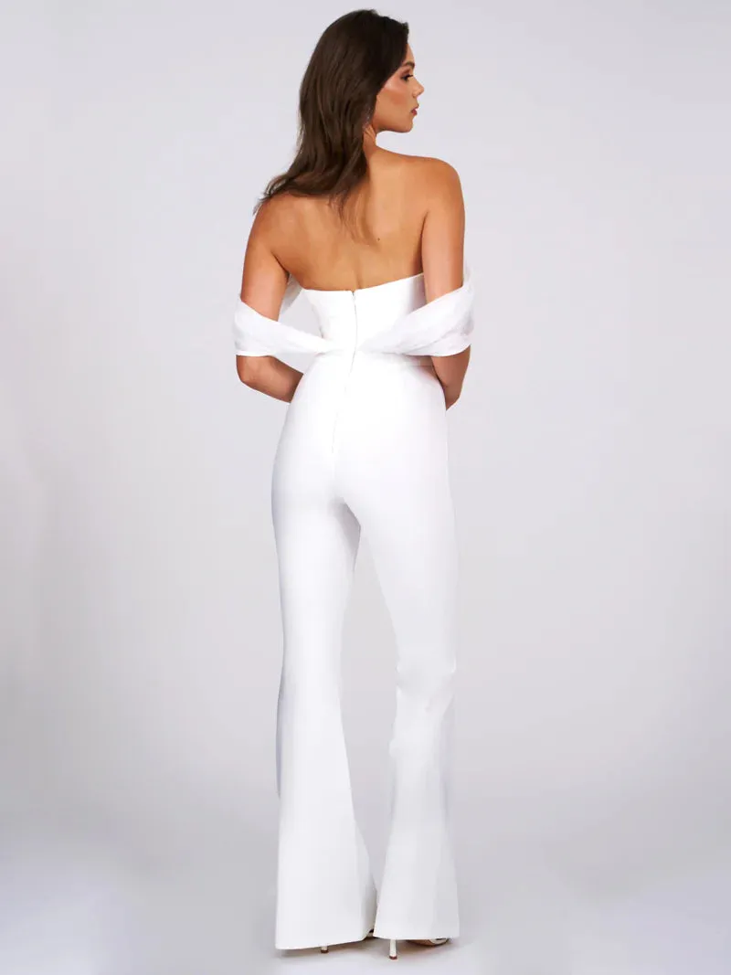SHERLYN WHITE OFF SHOULDER FLARED JUMPSUIT