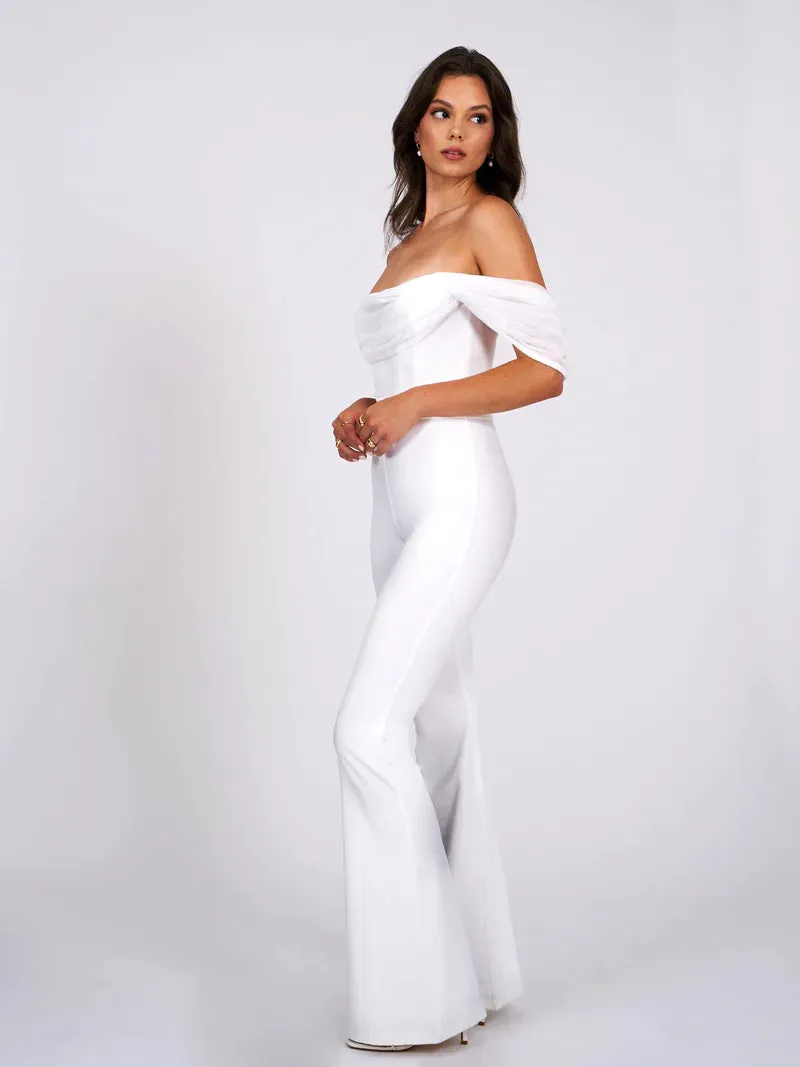 SHERLYN WHITE OFF SHOULDER FLARED JUMPSUIT