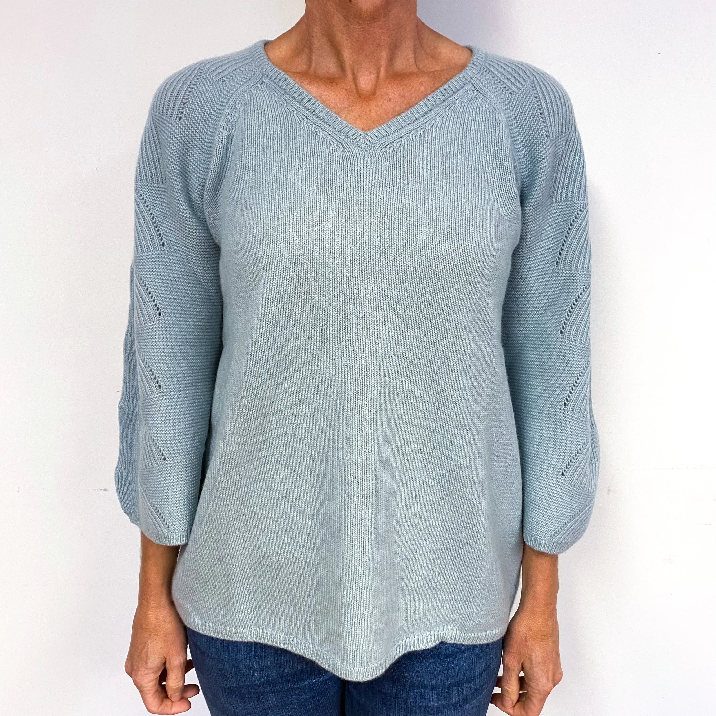 Sky Blue 3/4 Sleeve Cashmere V-Neck Jumper Medium