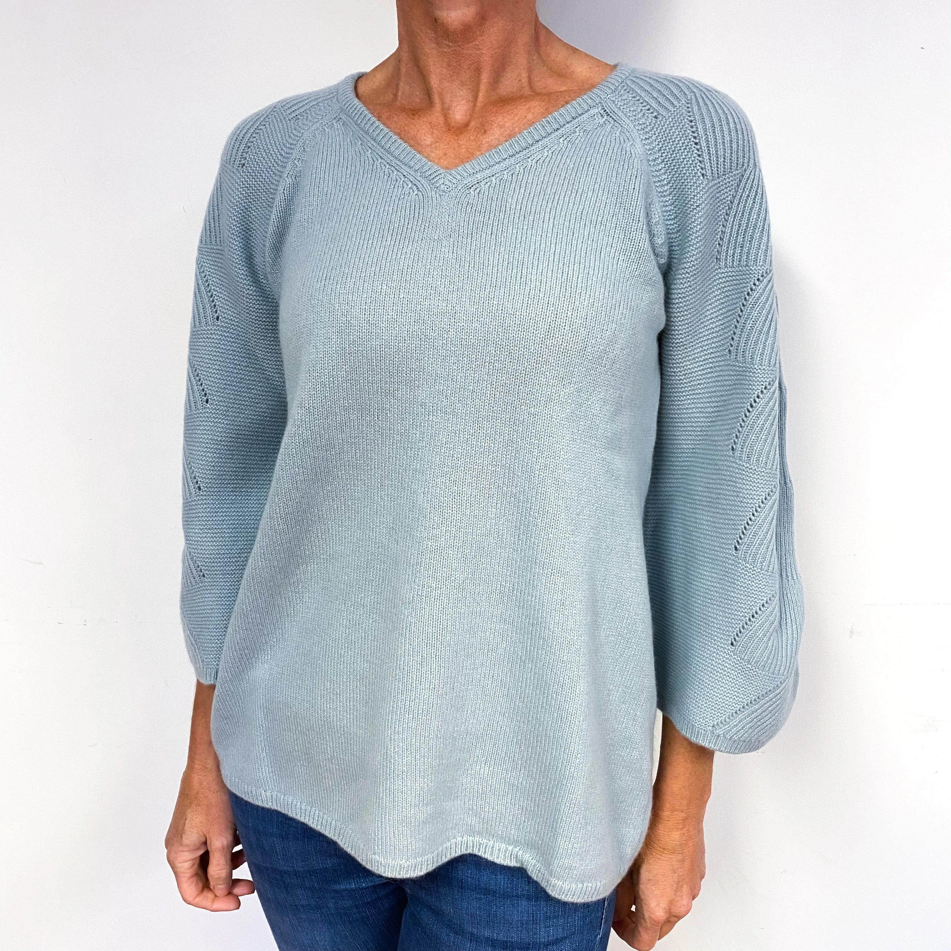 Sky Blue 3/4 Sleeve Cashmere V-Neck Jumper Medium