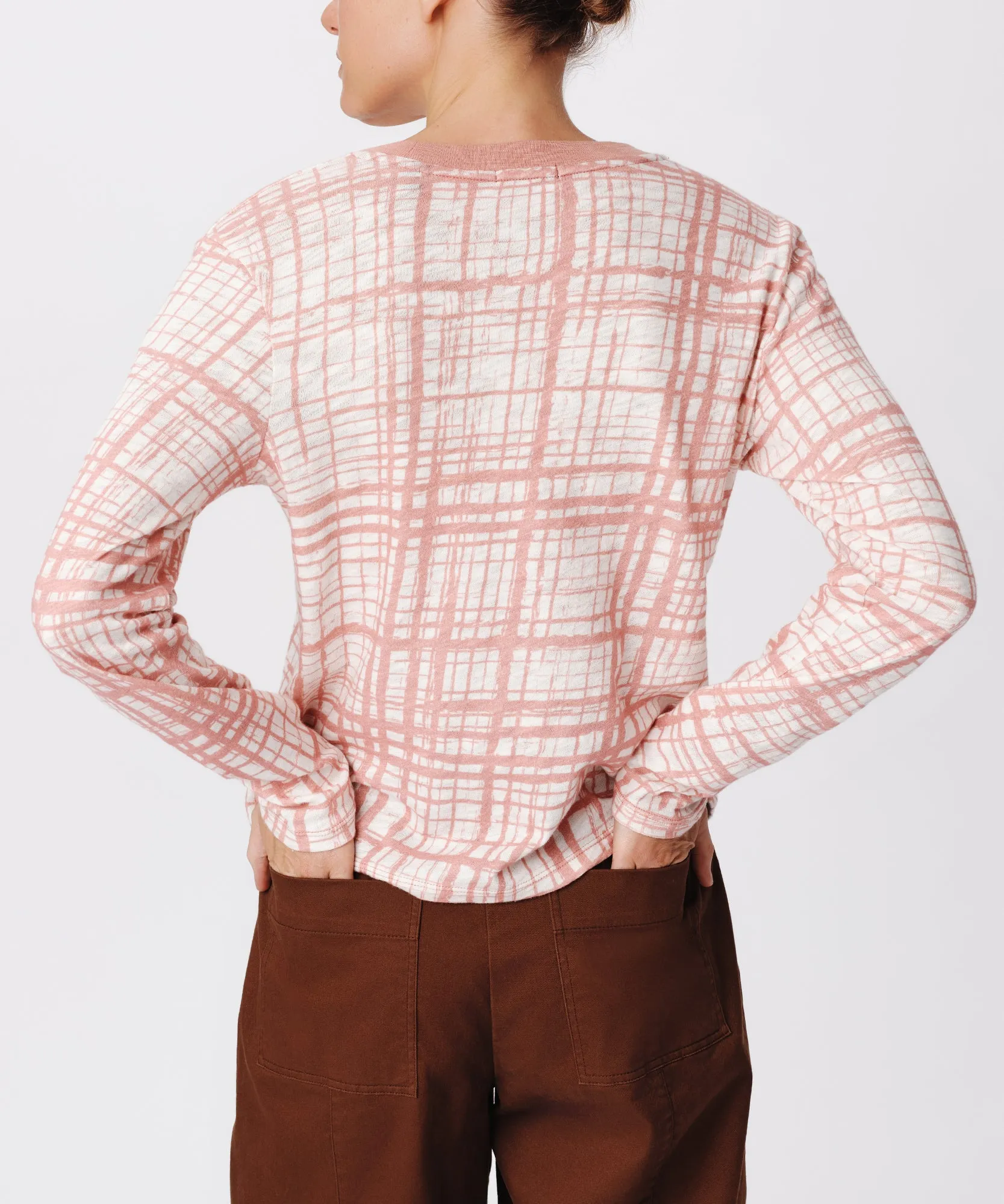 Slub Jersey with Crosshatch Long Sleeve Tee - Faded Rosewood-Chalk