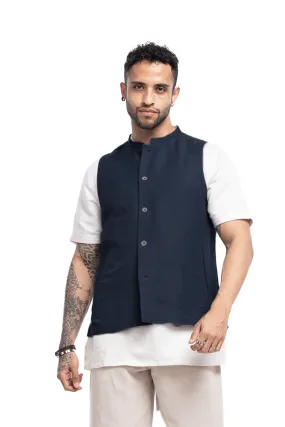 Solid linen blend sleeveless shacket with pockets